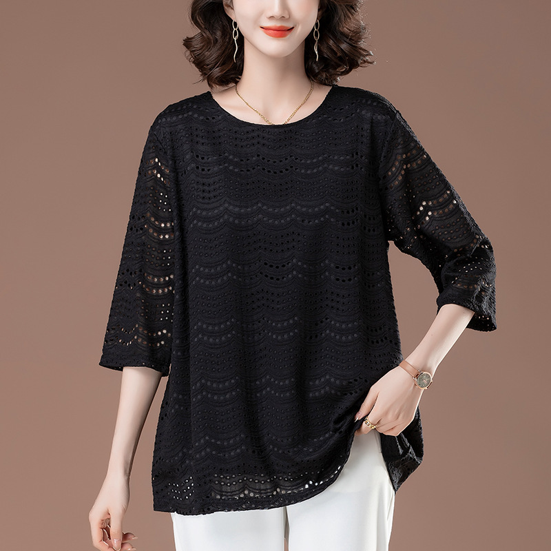 Seven-point Sleeve Lace Shirt Women's Summer New plus size Women's Clothing Loose Middle-aged and Elderly Mother Western Style Hollow-out Middle Sleeve 6220