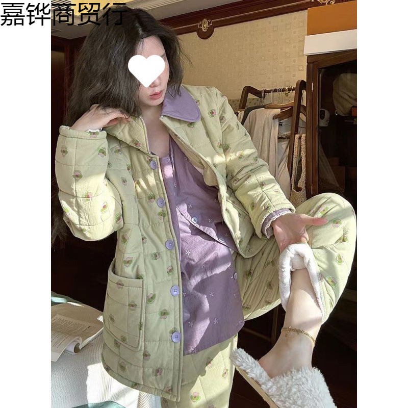 신상품 가을 겨울 3겹 두꺼운 따뜻한 면 파자마 여성 산호 양털 꽃무늬 홈 의류 정장 겨울