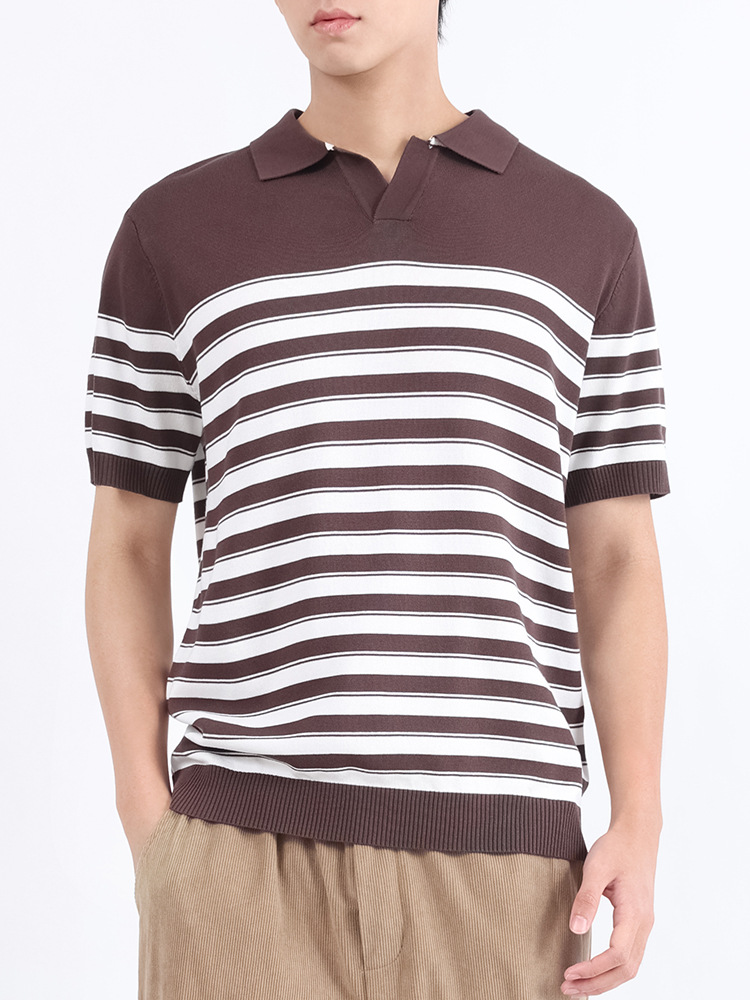 Polo de seda de hielo de alta gama Camiseta casual de negocios de manga corta con cuello en V de alta gama para hombres Camiseta a rayas image 3