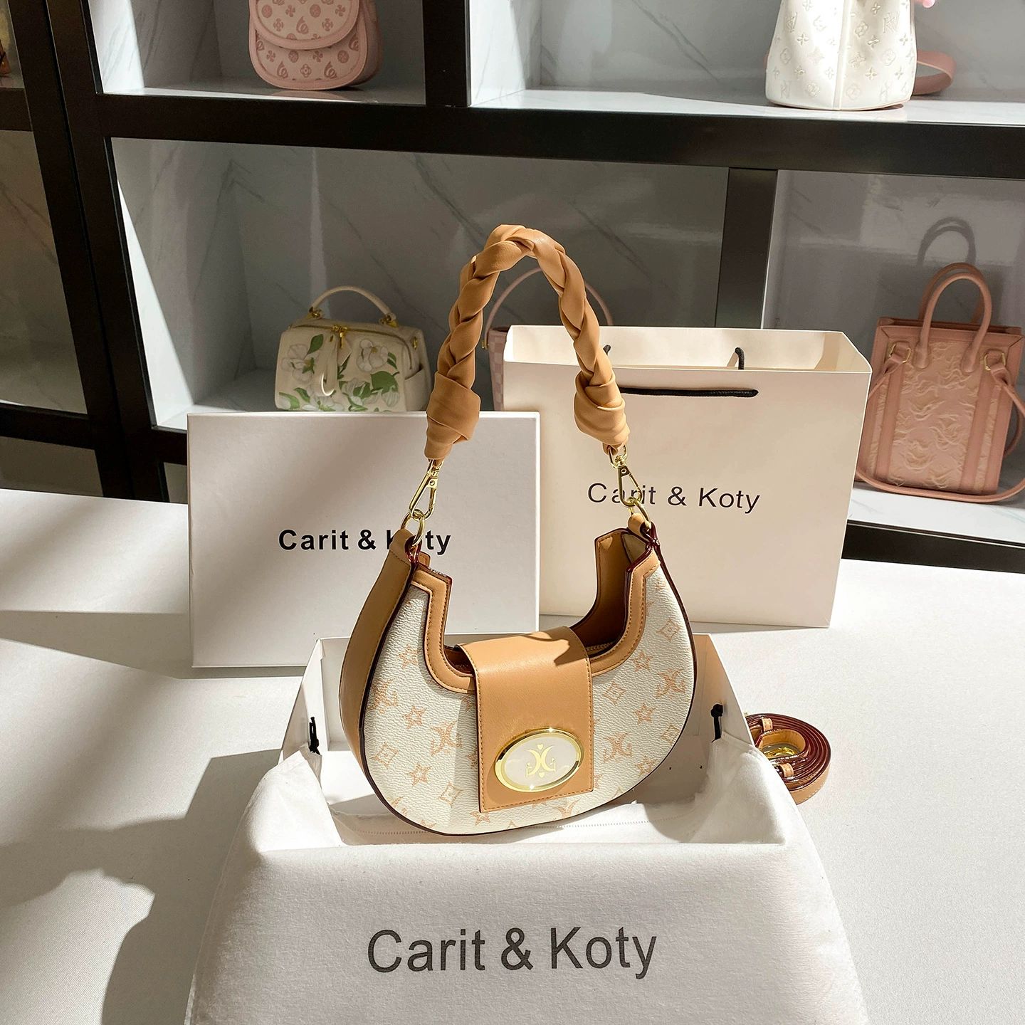 Underarm One-Shoulder Bag (Carit & Koty) Woven Crescent, Braided Handle & Detachable Strap, Multi Colors