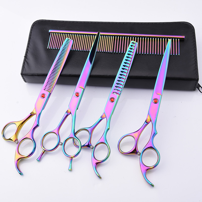 Directo de fábrica de acero inoxidable de 7 pulgadas para mascotas tijeras de belleza profesional de corte de pelo de perro tijeras curvas Teddy adelgazamiento tijeras traje
