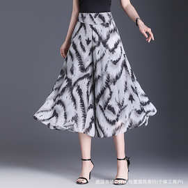 印花雪纺八分裙裤2025夏季新款薄款通勤时尚阔腿裤垂感显瘦休闲裤