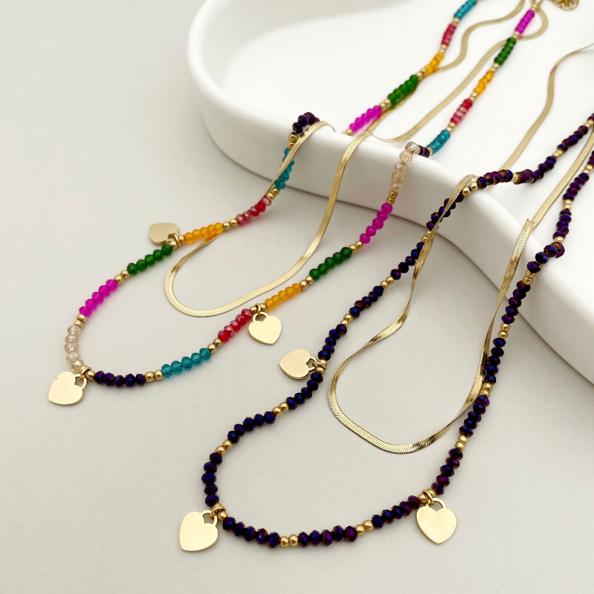 Necklace Classification 304 Stainless Steel Chain Material 1 Piece Quantity Wholesale Jewelry Bohemian Heart Shape 304 Stainless Steel Crystal Beads Gold Plated Plating Stainless Steel Necklaces