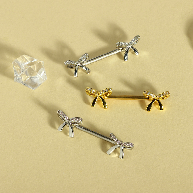 Cute Pink 16G Stainless Steel Bow Zircon Nipple Ring Exquisite Nipple Jewelry Pair detail image 8