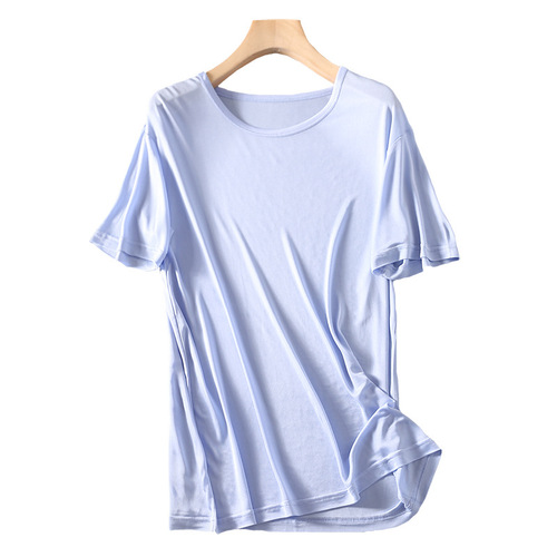 Summer Men's Round Neck Short Sleeve Silk T-shirt Loose Silk Cultural Shirt Base Shirt Plus Size Top