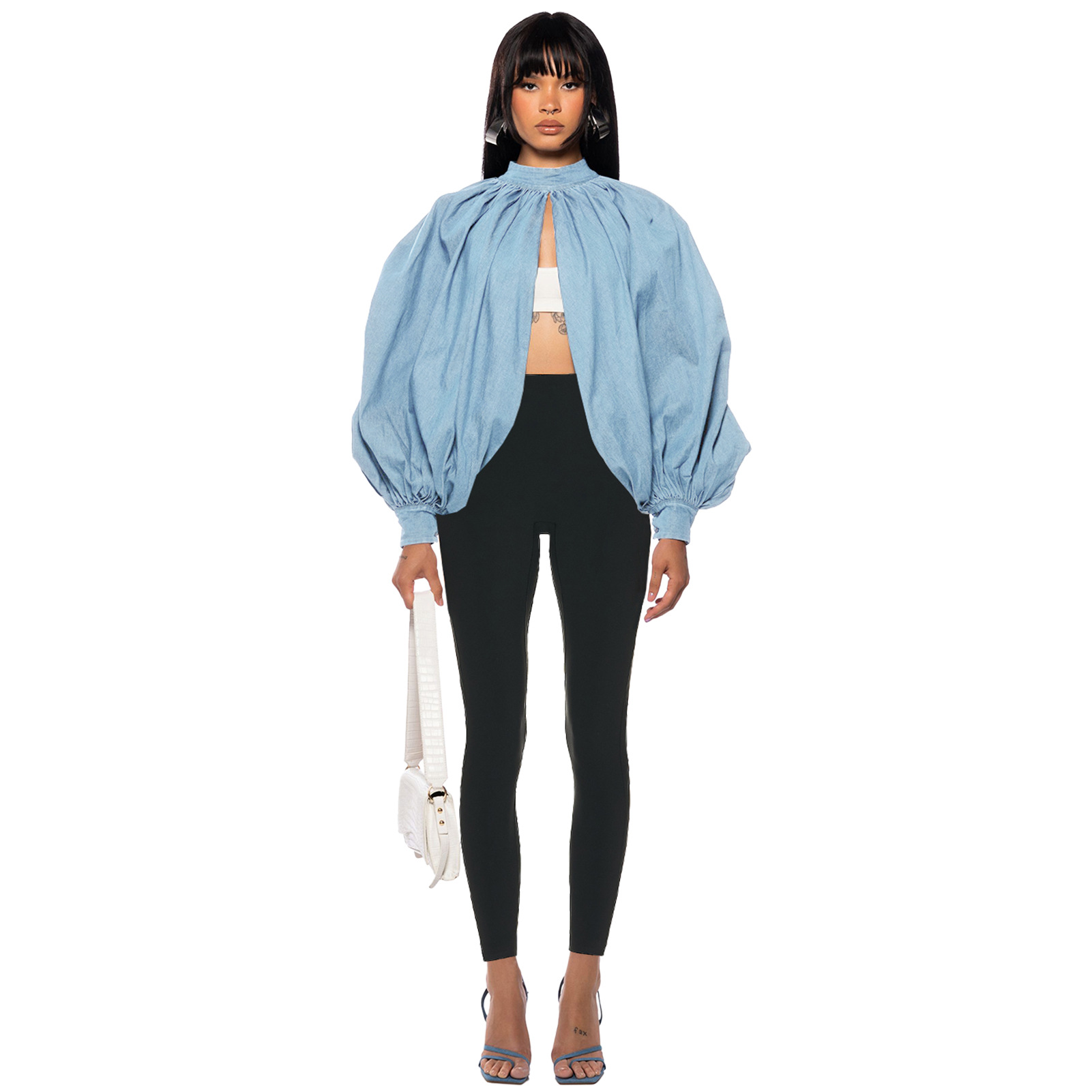 Fornitura di abbigliamento femminile, cardigan senza schienale con maniche a pipistrello e bottoni in denim alla moda_voghion.com