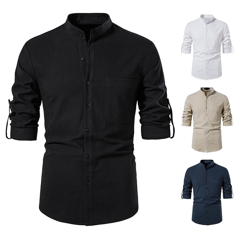 2022 Comercio exterior nuevo tamaño europeo hombres de manga larga camisa de lino botón playa yoga casual Camisa de verano A276