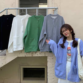 Y2K新款实拍米妮绒春秋宽松纯色欧美百搭开衫外套女上衣外贸代发