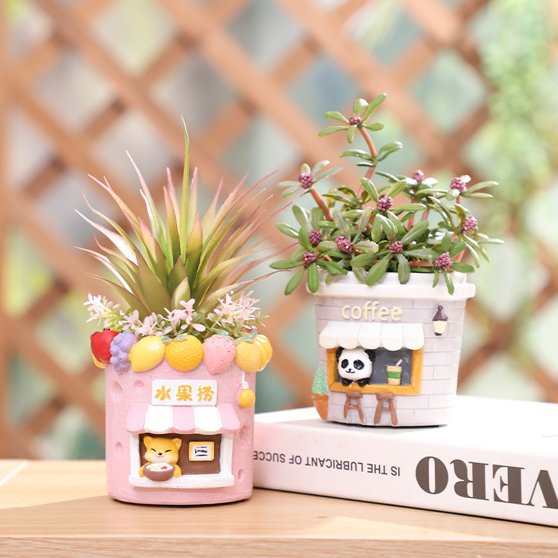 Chậu Cây Resin Chậu cây mọng nước hình cửa hàng đồ ăn hoạt hình, chậu mini resin, trang trí nhà và văn phòng (RG-94)