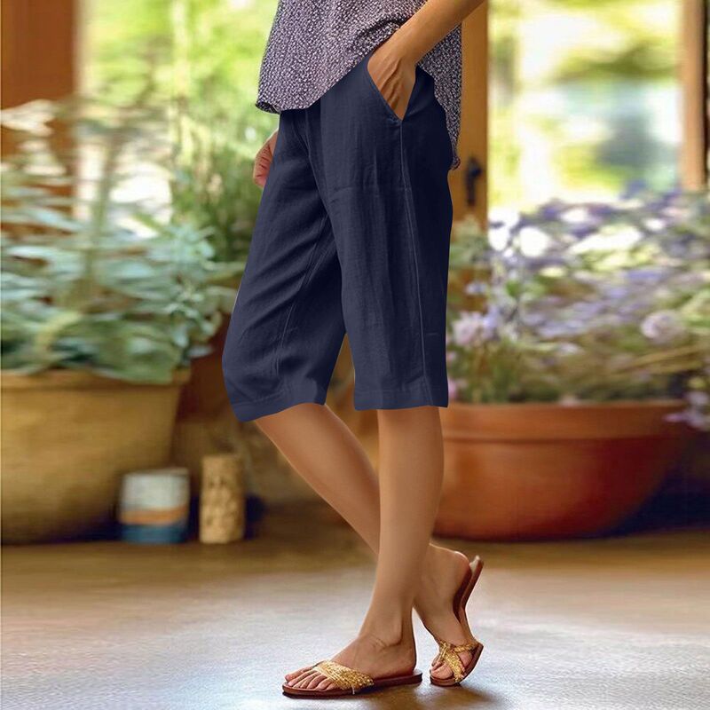 2024 Europe and America Amazon cross-border new women's casual loose pocket cotton and linen elastic casual pants shorts 2024 Europe and America Amazon cross-border new women's casual loose pocket cotton and linen elastic casual pants shorts