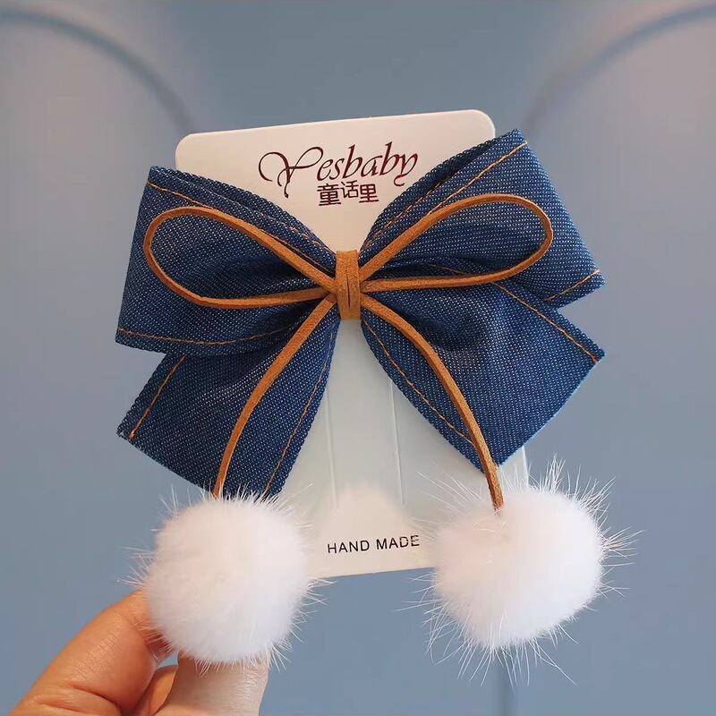 Cute Ins Style Double Hair Ball Denim Blue Big Bow Hairpin for Women, Stylish Ponytail Top Clip, Versatile Back of the Head