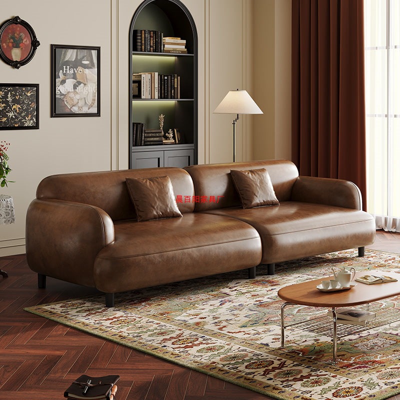 Retro Oil Wax Leather Living Room Sofa Straight Row Small Apartment B&B Old Brown Mid-Century Style Leather Art Sofa Wood