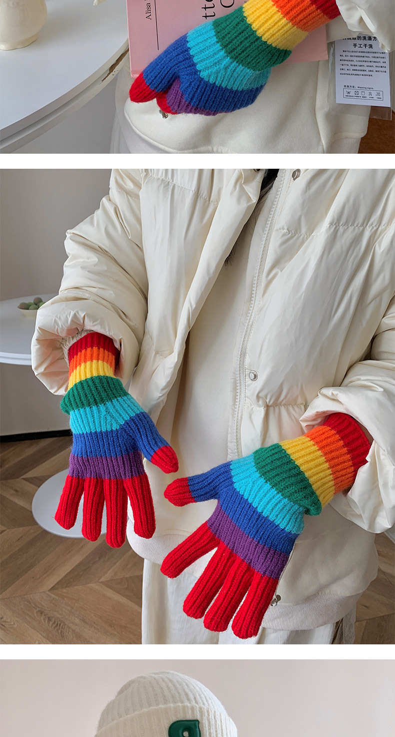 Rainbow Stripe Gloves Wool Thickened Touch Screen For Couples_voghion.com
