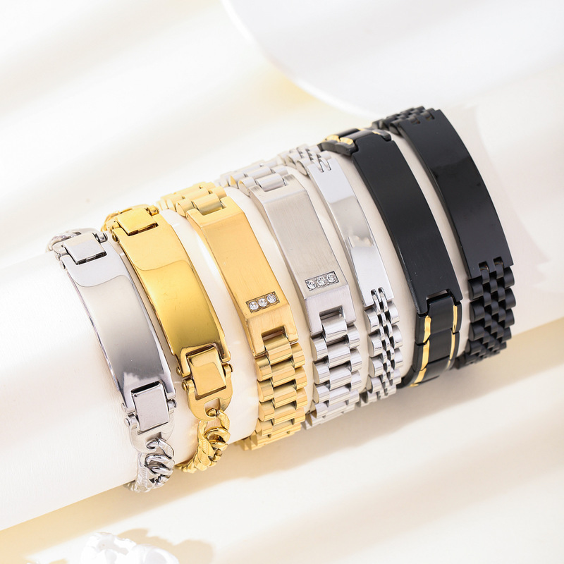 Trendy Customizable Engraved Buckle Watch Strap Chain Stainless Steel Men's Bracelet Korean Style Fashion Personalized Curved Bracelet