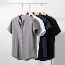 2025新款中国风男士基础款立领短袖棉麻衬衫男士清新纯色宽松衬衣