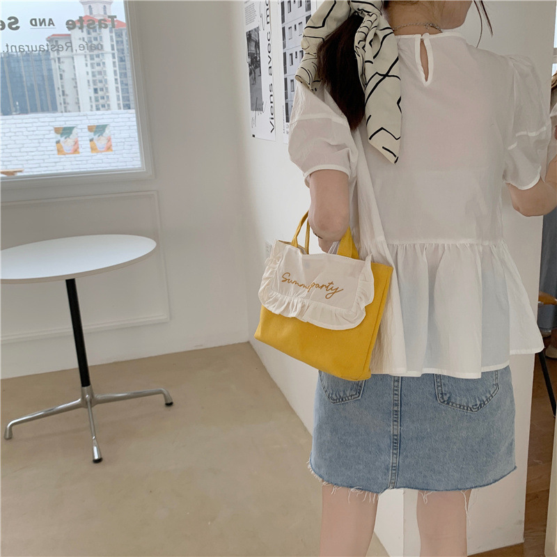1441 Japanese and Korean chic Sweet ruffled bento Bag, Fresh embroidered hand-held small cloth bag, girl student bag wholesale undefined