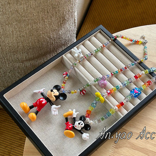 Any Original Colorful Summer ~ Super Cute Cartoon Mickey Beaded Collarbone Chain Bracelet Colorful Crystal Niche Necklace