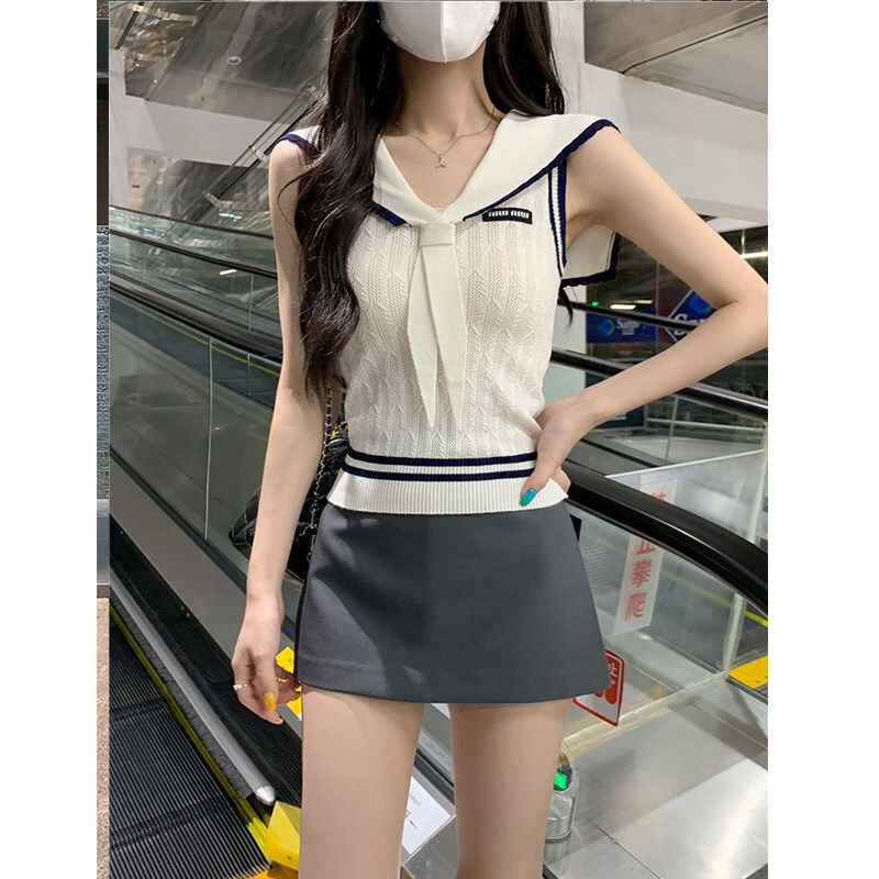 College-Style Navy Collar Knitted Vest for Women, Summer Pure Desire Sweet Spicy Girl Sleeveless Slim-Fit Short Top with a High-End Feel