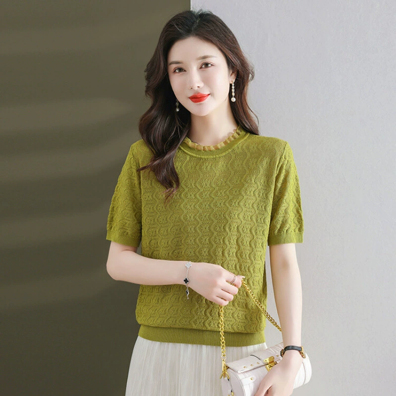 Женская футболка из натурального шелка тутового дерева с коротким рукавом, тонкая модная кружевная кофта, трикотаж из ледяного шелка, модная летняя одежда 2025 года