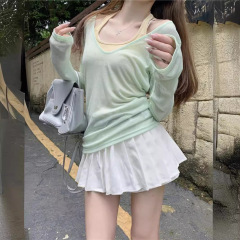 【工場現物】vネックの薄い日焼け止めブラウスtシャツ女性の夏に首のベストの上着を二つセット