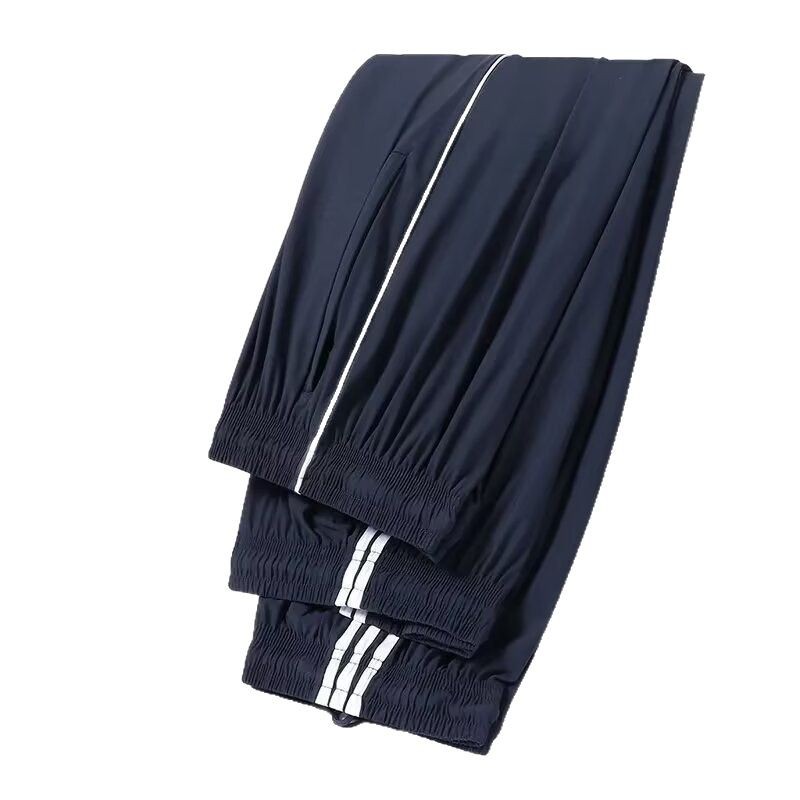 2025 pantalones de secado rápido de verano de estilo caliente, pantalones de servicio de clase informal para estudiantes masculinos, pantalones escolares planos de tres barras, pantalones deportivos de seda de hielo