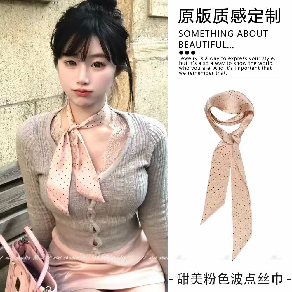 Pink polka dot satin scarf-130cm