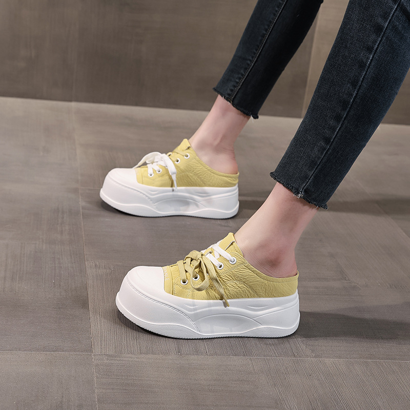 Giày sneaker nữ đế dày tăng chiều cao, mũi tròn bít, phong cách thể thao mùa hè 2025 — Màu be, Màu hồng, Màu vàng