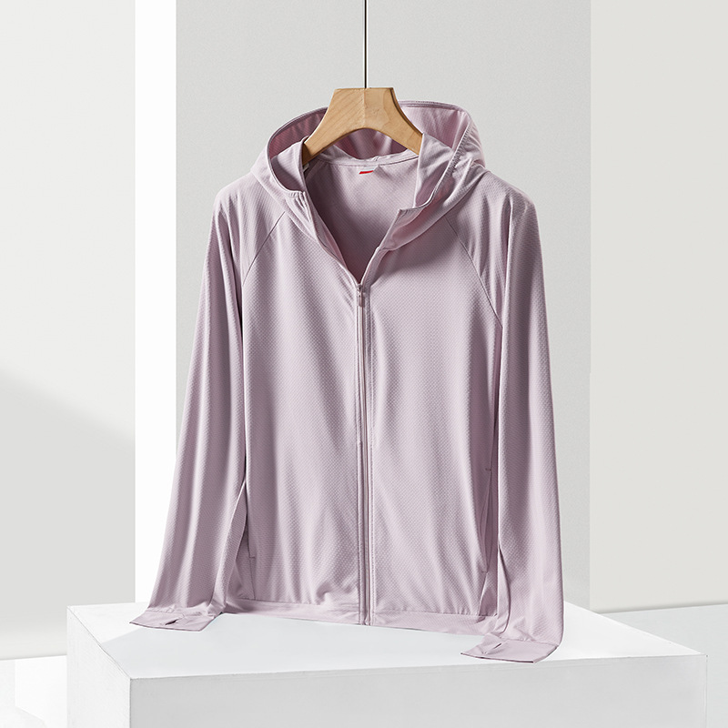 Ropa de protección solar para mujeres pareja de hielo ropa de protección solar anti-UV delgada con capuchón de punto chaqueta transpirable