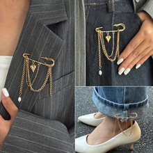 欧美跨境饰品 朋克嘻哈ins桃心西装胸针 仿珍珠流苏链条别针裤链