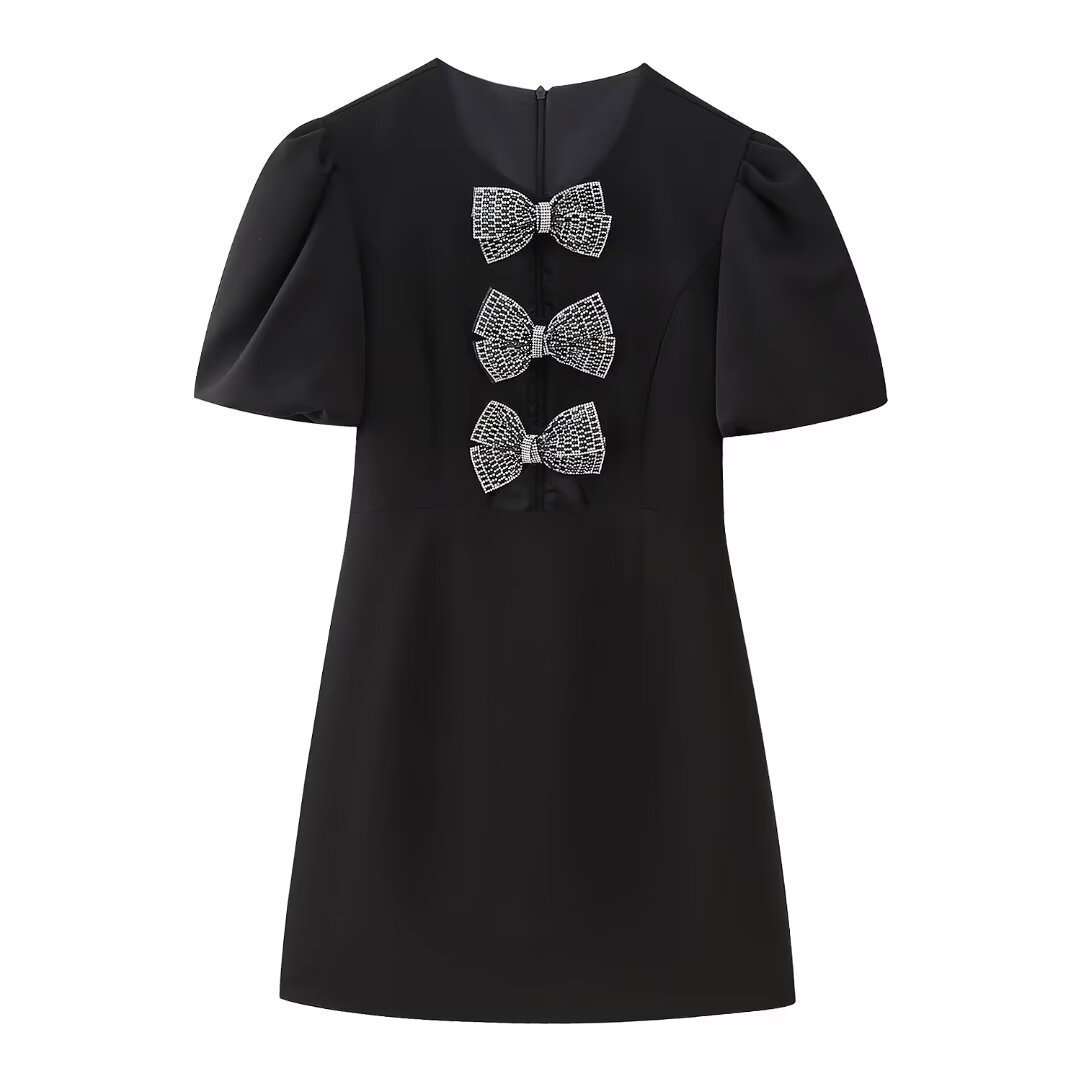 Wholesale Women's Elegant Sexy Solid Color Bow Knot Holiday Cocktail Party Round Neck Short Sleeve Black Dress display picture 1