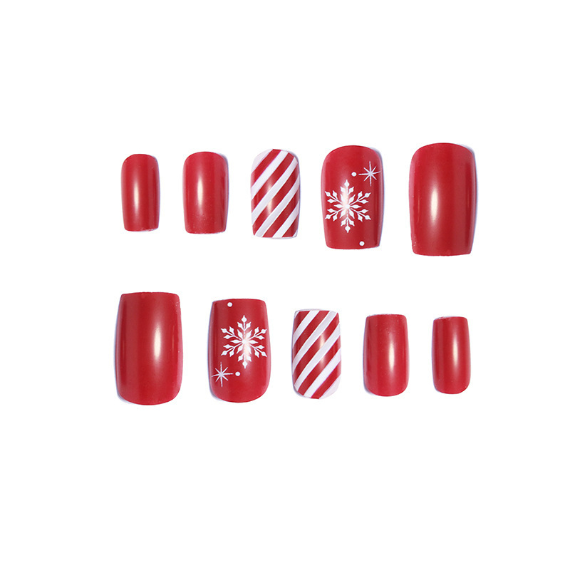 Navidad transfronteriza rojo para usar uñas rojas y franjas blancas cuadradas uñas falsas para usar copo de nieve de Navidad manicure