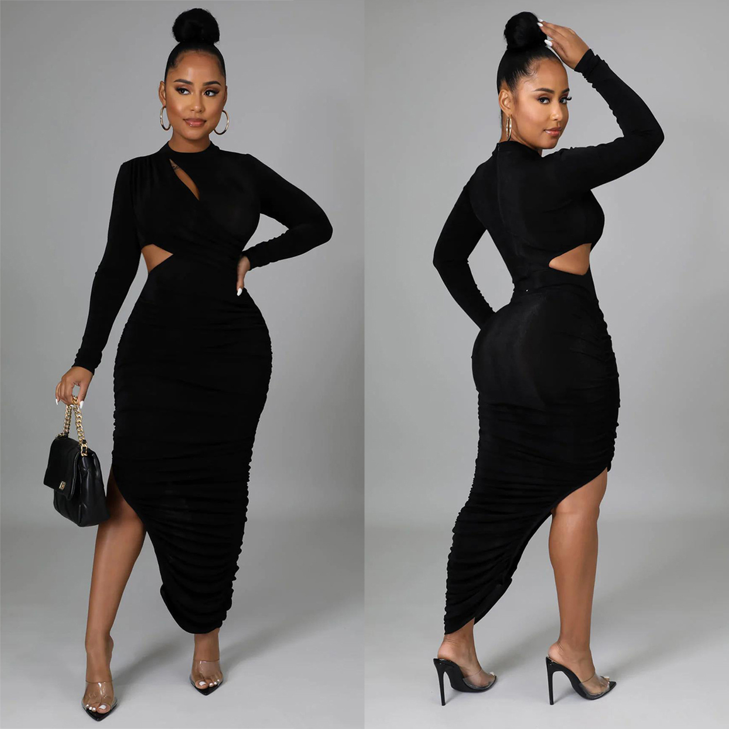 C6110 transfronterizo AliExpress Amazon moda europea y americana de las mujeres de color sólido plisado cuello redondo Vestido de manga larga vestido image 3