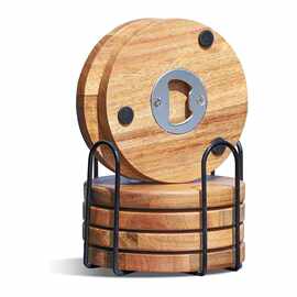 木质圆形开瓶器便携式商用启瓶器木质水杯隔热垫二合一啤酒起子