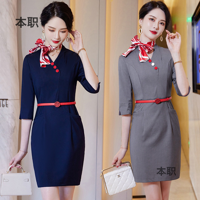 [Advanced dress] Female Stewardess Business Dress Temperament Goddess Fan Zhongsleeve Female Jewelry Store Front Desk Uniform Falls