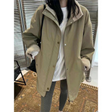 欧洲站2025冬季欧货女装慵懒拼毛毛立领中长款加厚棉服风衣外套女