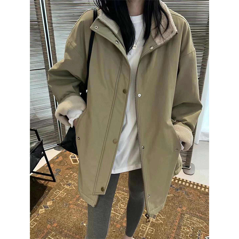 欧洲站2025冬季欧货女装慵懒拼毛毛立领中长款加厚棉服风衣外套女