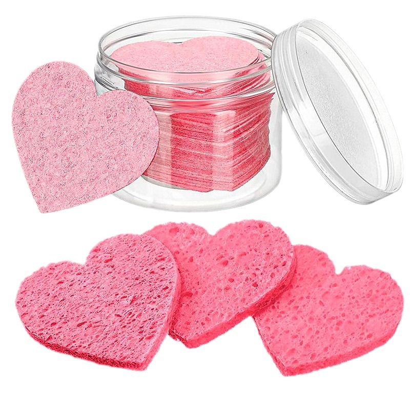 Transfronteriza venta caliente amor en forma de corazón comprimido pulpa de madera de algodón lavado de cara puff fibra esponja polvo puff rosa pieza comprimida cara limpieza puff