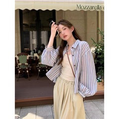 实拍 松弛感防晒不规则条纹衬衫女早秋宽松休闲短款长袖衬衣88424