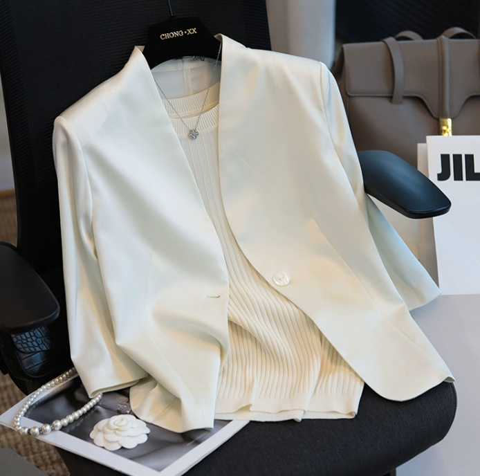 Spot Design Acetic Acid Gloss One Button V-Neck Mid-Sleeve Thin Suit Jacket Women's Summer New