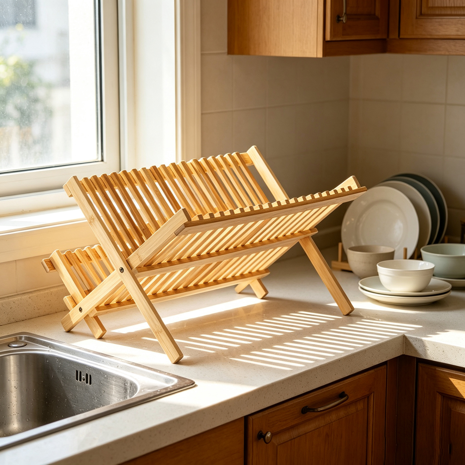 Estante de platos de drenaje doméstico, estante de platos de aire, estante de platos de bambú y madera, estante de almacenamiento de tazas de té, estante de almacenamiento multifuncional de cocina