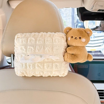 Car Tissue Box Creative Doll Doll Car Multi-function Hanging Tissue Cute Cartoon Car Tissue Box (Car tissue box/set) - lambskin-tissue-box-papa-bear