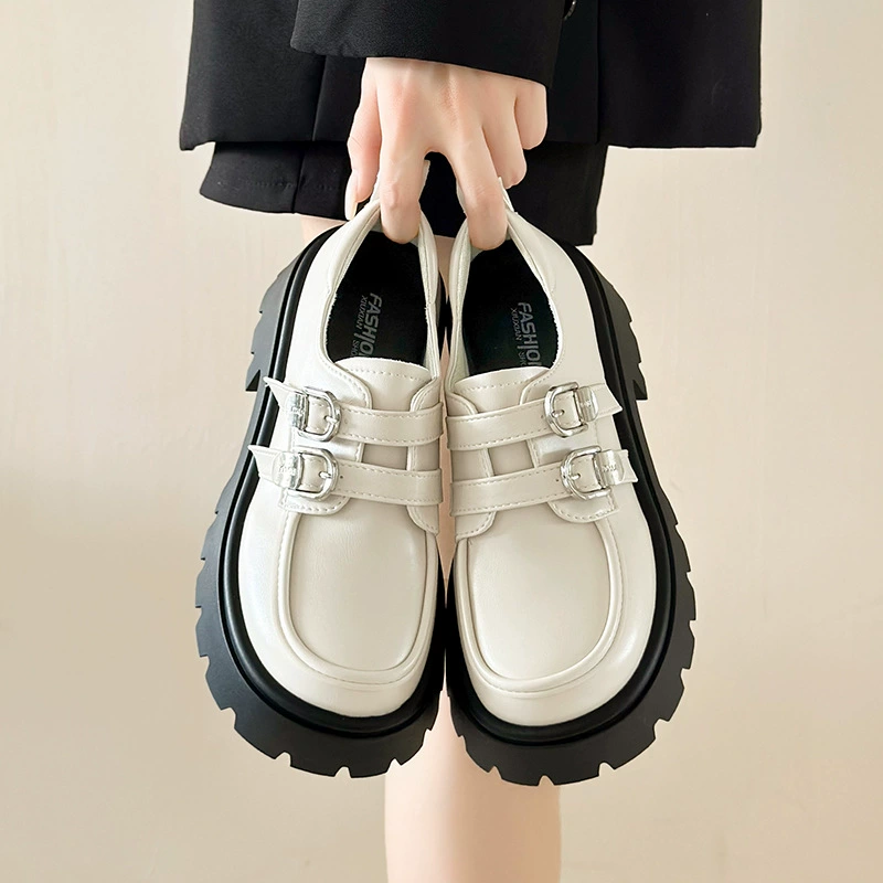 Французская толстая черная кожаная обувь на каблуке