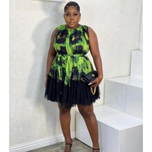 跨境批發新款法式設計感時髦印花拼接網紗無袖大碼女式蓬蓬裙