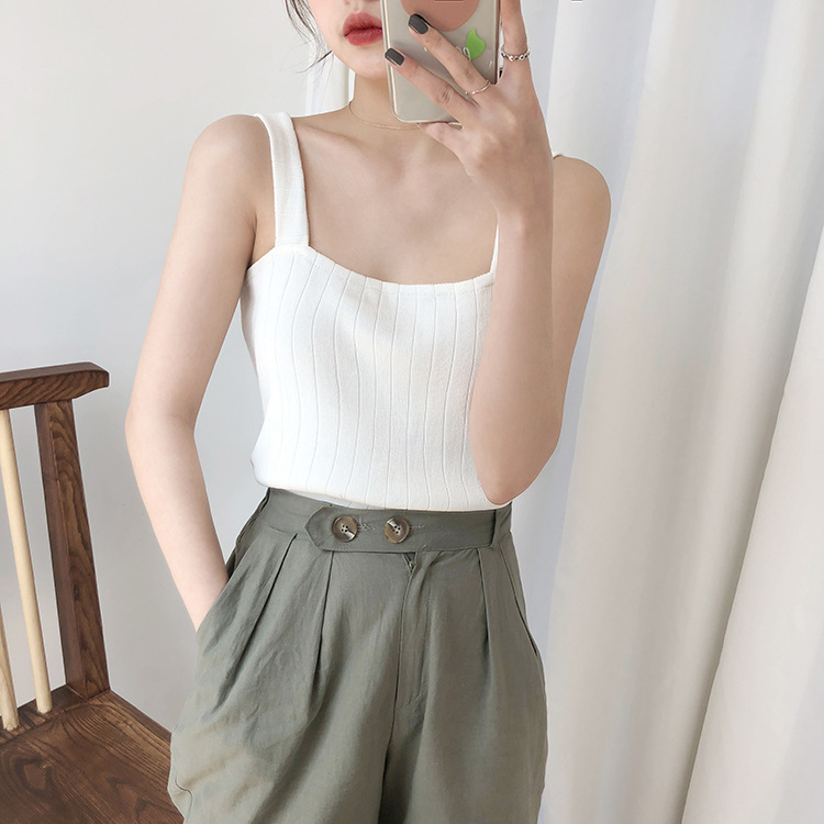 Refreshing knitted camisole top with bottom lining, short flat top, loose sleeveless vest, summer women's clothing_voghion.com