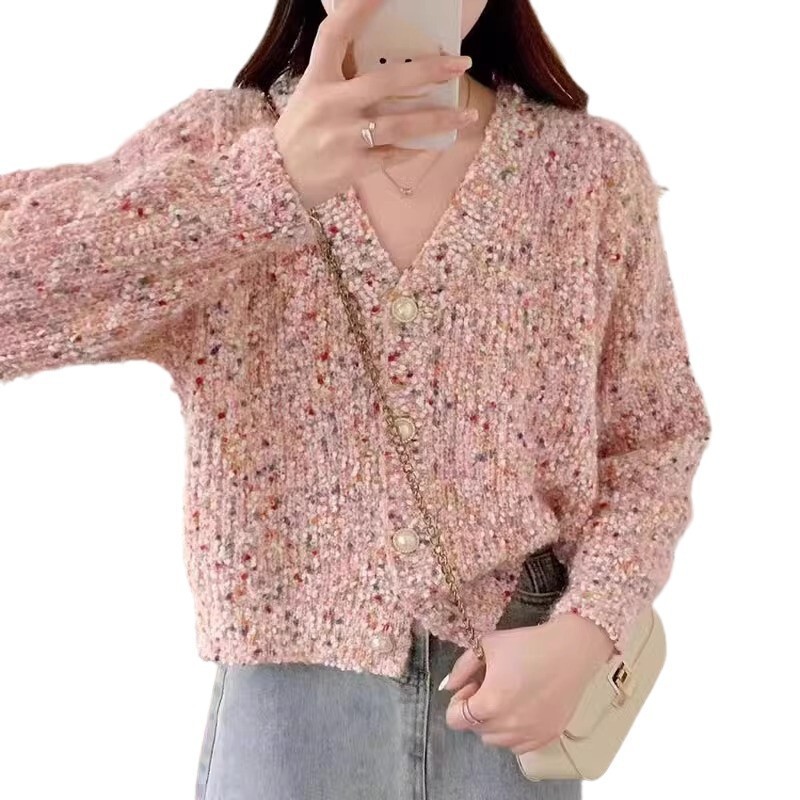 秋冬新款小香风气质短款针织开衫女韩版甜美彩点V领毛衣外套上衣|undefined