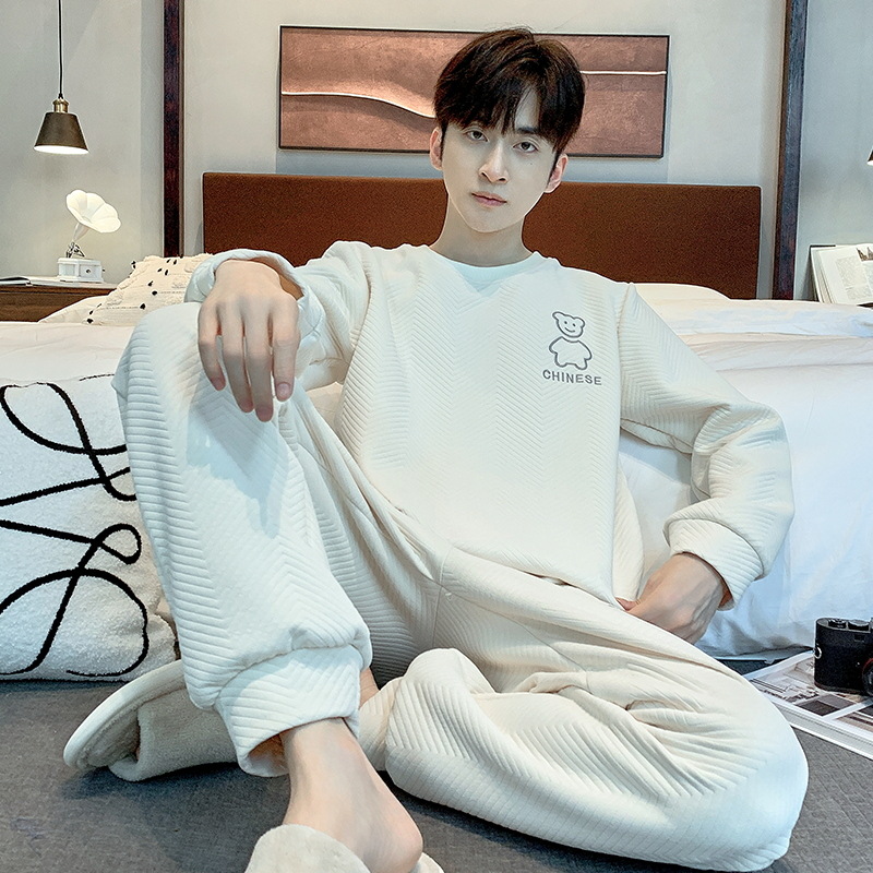 Pajamas Men's Autumn and Winter Sandwich Long-Sleeved Trousers Thickened Warm-Keeping Men's Outer-Wearing plus size Casual Home Clothes suit