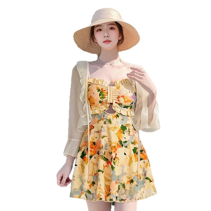 2025 verano nuevo estilo francés ligeramente gordo y delgado traje de baño floral de una pieza falda de mujer blusa de manga larga traje de baño al por mayor