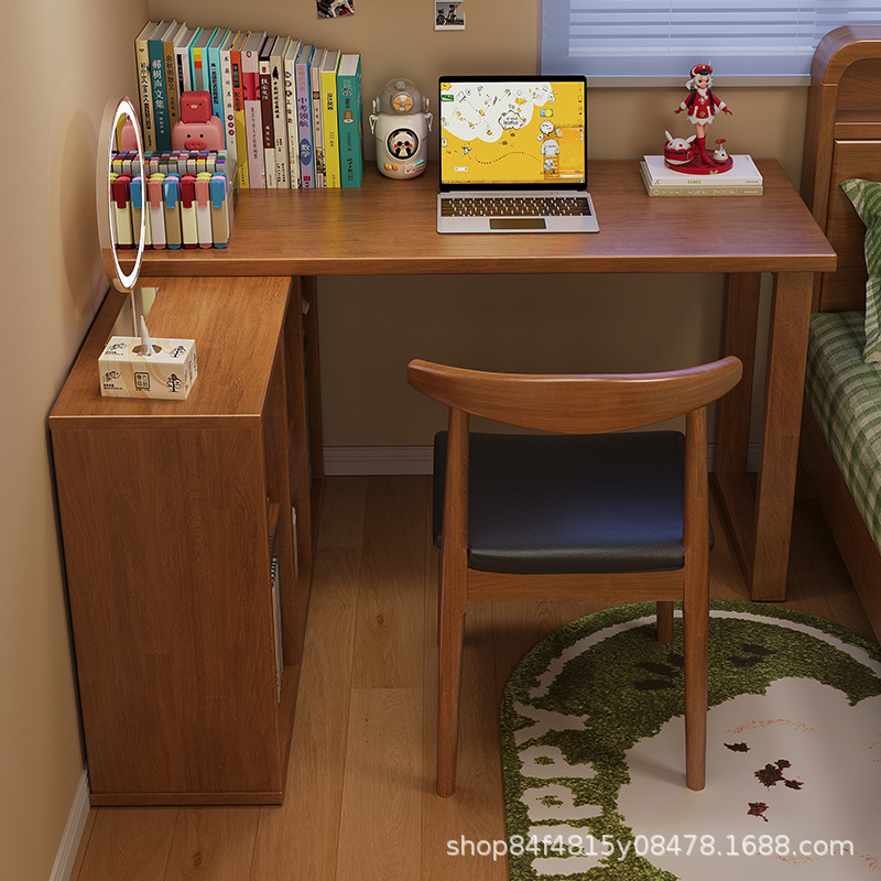Solid Wood Corner Desk Bookcase Integrated Table Student Home Study Table Bedroom L-Shaped Corner Retractable Computer Table