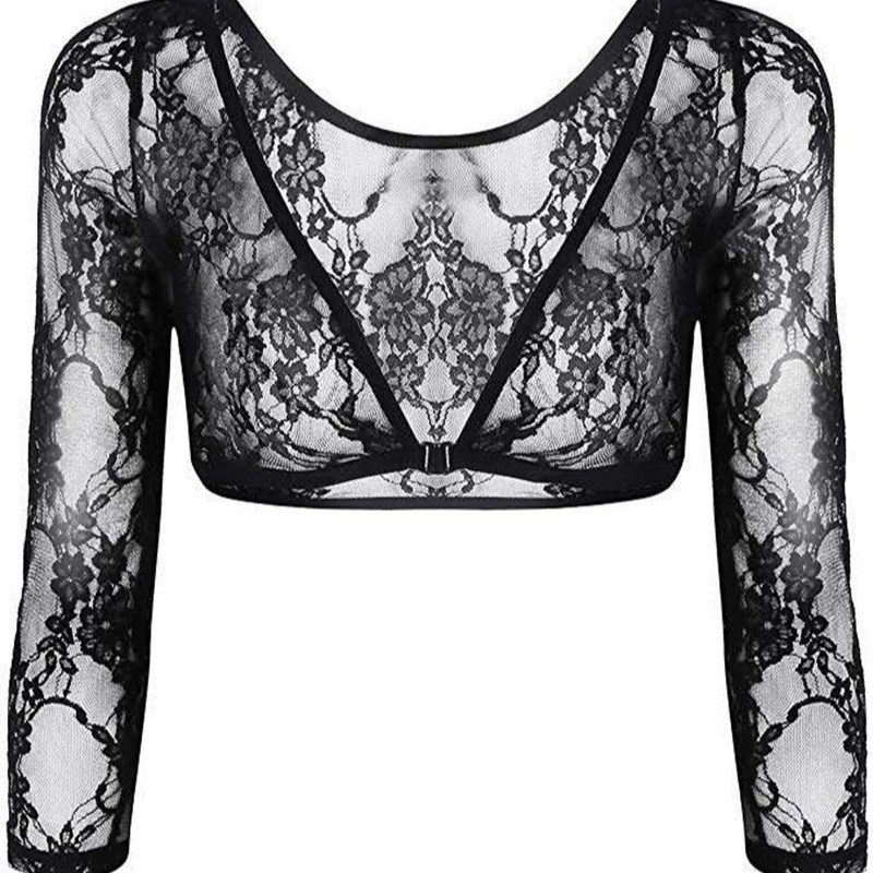 Amazon New Hot-selling Multi-fabric Long-sleeved Base Inner Top Short Navel-exposed V-neck See-through Cardigan