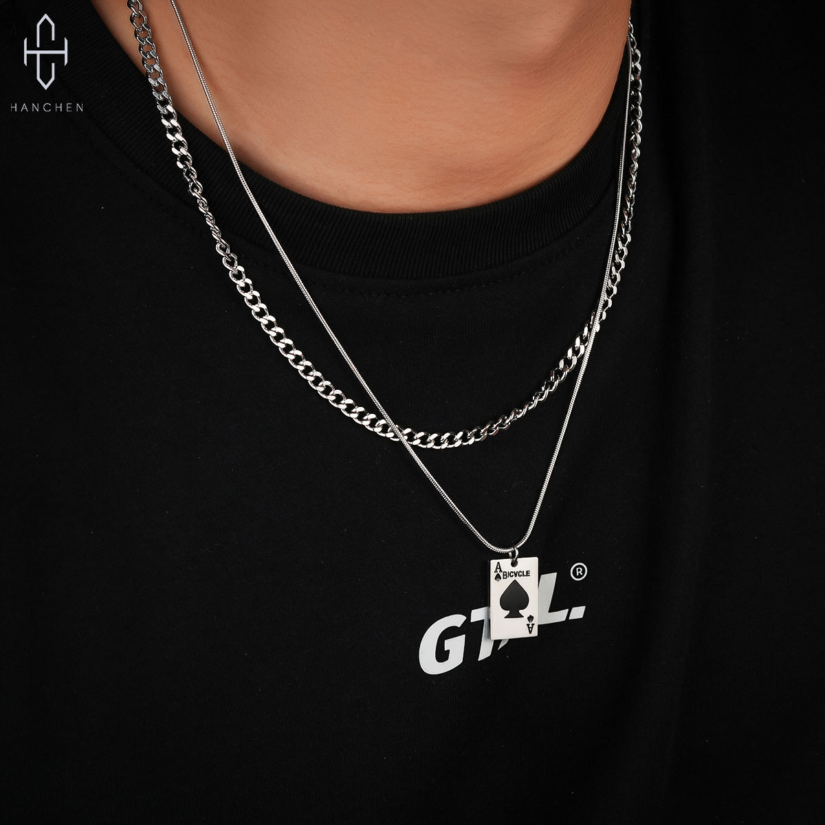 Titanium Steel Pendant Material Hip-Hop Poker Titanium Steel Plating Unisex Double Layer Necklaces Men Layered Necklaces